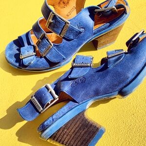 JOHN FLUEVOG open sandal heels multi buckle blue leather shoes unique footwear 8